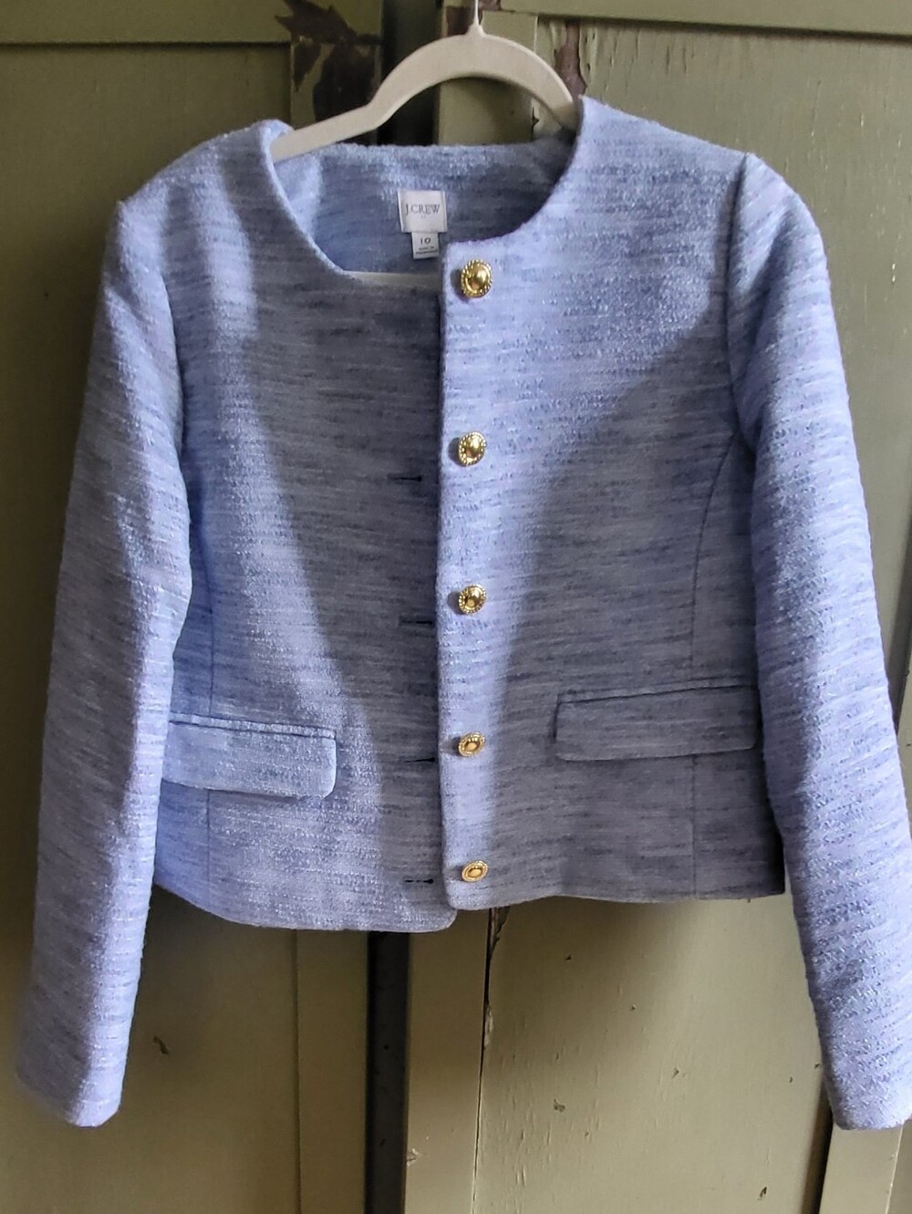 NWT J.Crew Blue Tweed Gold Button Collarless Lady Jacket - Size 10